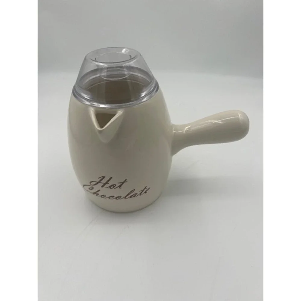 Ceramic Hot Chocolate Pot Cream Script Side Handle With Lid Good Condition